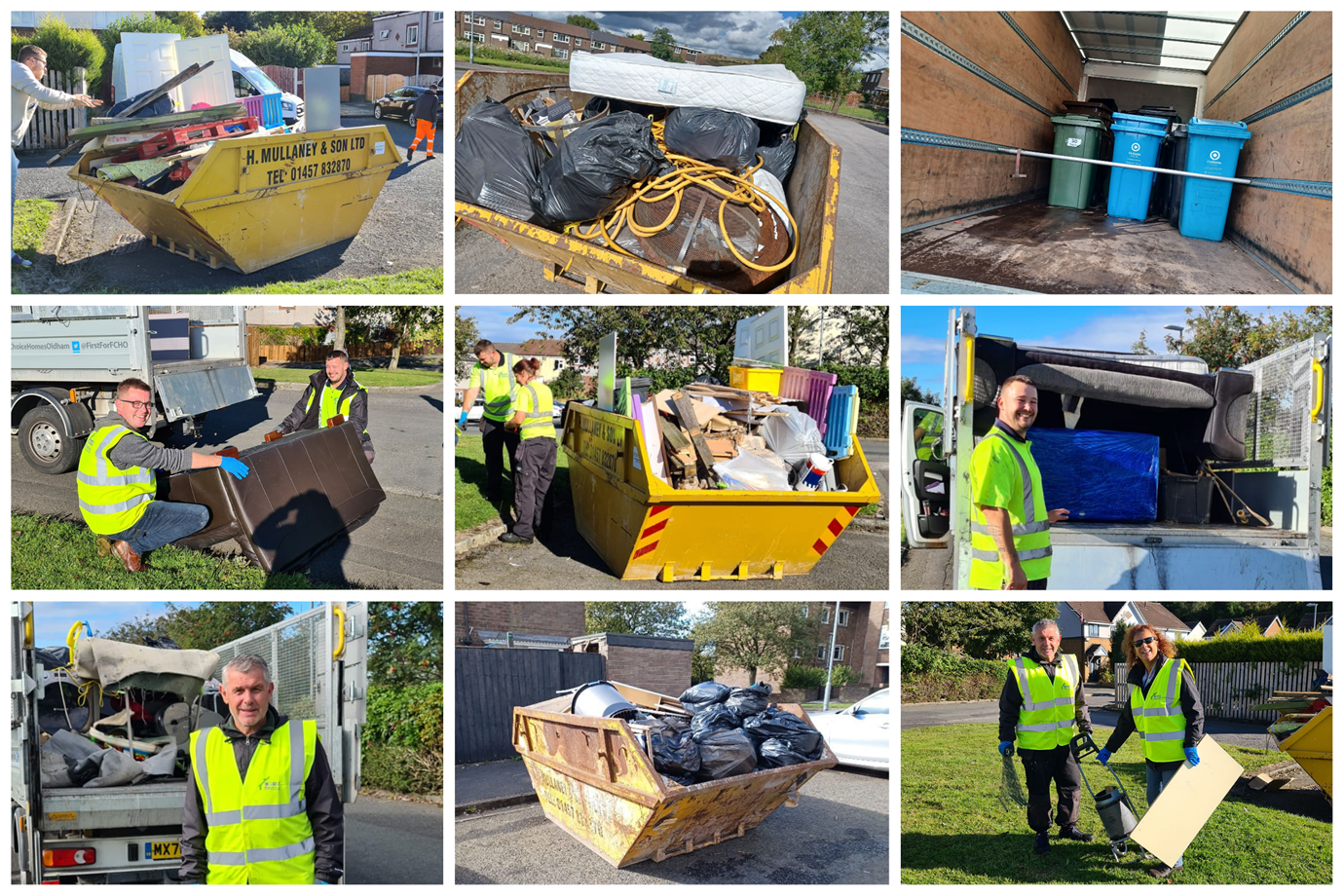 Oldham Council colleagues joined FCHO at its Sholver Community Waste Collection days to talk to locals about recycling, reporting pests and problems caused by putting the waste in the wrong wheelie bins – all of which impact on the neighbourhood.